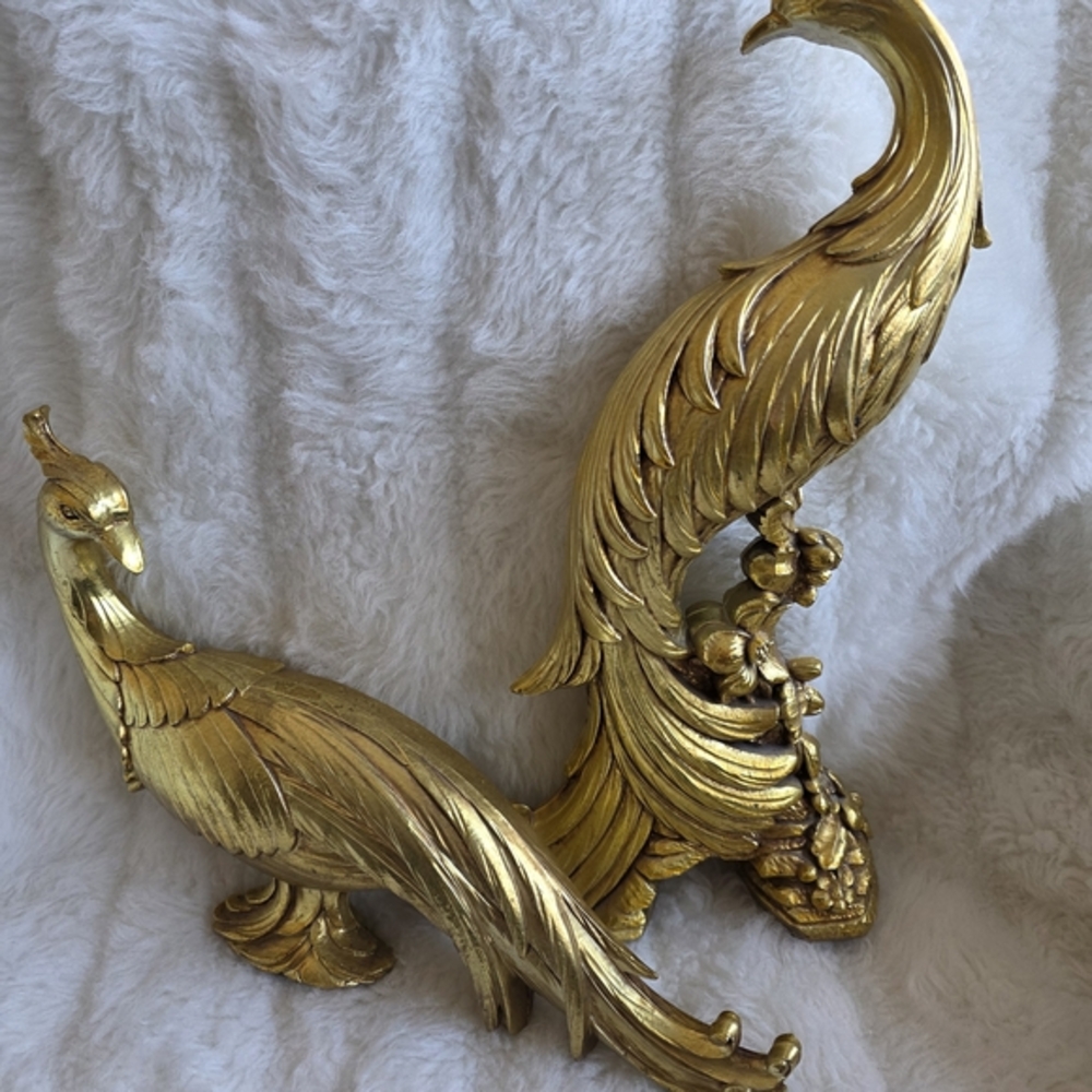 Vintage Elegant Gold Peacock Sculpture Set 2
